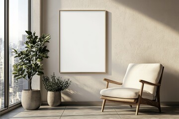 Poster Frame in Beige minimalist living room interior created with generative AI