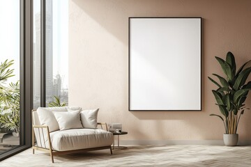 Poster Frame in Beige minimalist living room interior created with generative AI