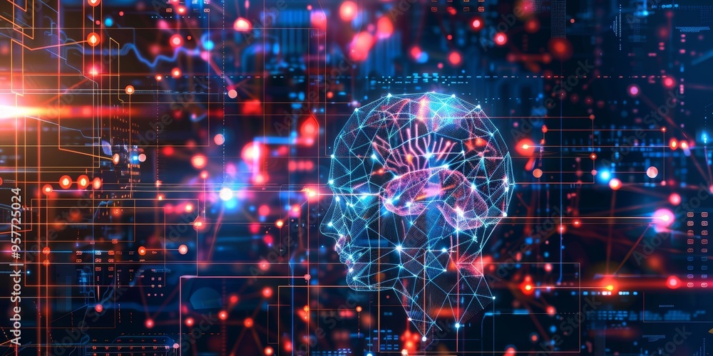 Poster Digital data processing concept with machine learning algorithms and AI technology on abstract background