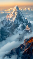Snowcapped mountain peak above sea of clouds at sunset. Ideal for travel, landscape, outdoor adventure, and naturethemed designs.