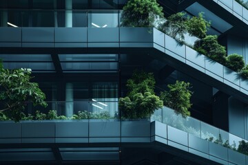 Eco-friendly building. Sustainable office building with garden on balconies for reducing carbon dioxide. Office building with green environment. Corporate building reduce CO2. Net zero building.