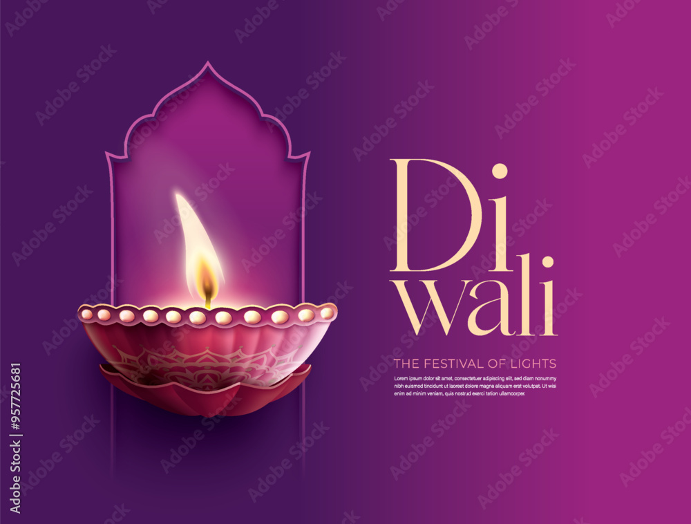 Wall mural happy diwali festival with oil lamp, rangoli decoration with diya, diwali holiday background with ra