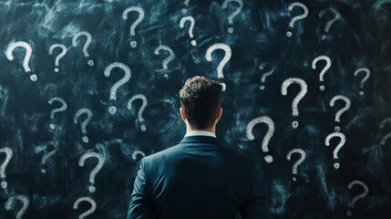 Thoughtful Businessman Facing Dark Blue Board with Question Marks. Solution Search and Doubt Concept