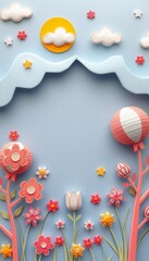 Paper flowers, clouds and stars against a blue sky with copy space.