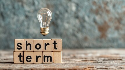 A concept of short-term goals represented by wooden blocks and a light bulb, symbolizing ideas and innovation.