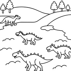 Dinosaur pack crossing a wide river