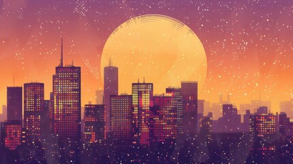 An illustrated concept of a vibrant city skyline, showcasing diverse architectural styles and the dynamic energy of urban life