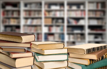 Reading books on shelves in the school library