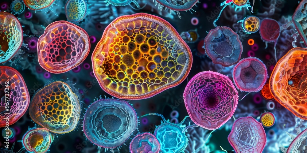 Aufkleber a close-up of mutated plant cells under a microscope, showing vibrant, intricate patterns of cellula
