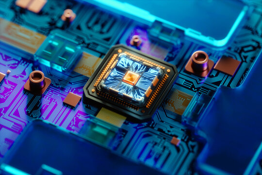Quantum Computer Processor with Blue and Gold Circuitry
