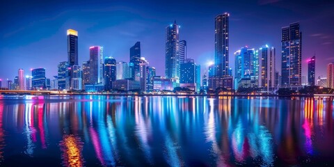 Fototapeta premium Night city skyline with reflections in a river or lake, showcasing the beauty of urban lights and waterfront architecture