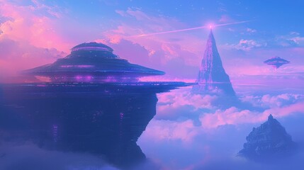 Futuristic Cityscape Above Clouds with Flying Ships