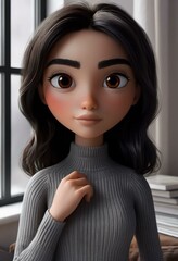 3D Animated Female Character With Calm Expression In Gray Sweater