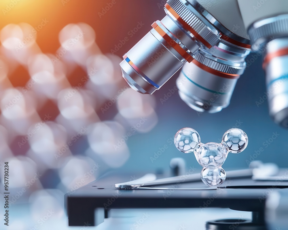 Poster close-up of a microscope magnifying a molecular structure, symbolizing scientific exploration and re