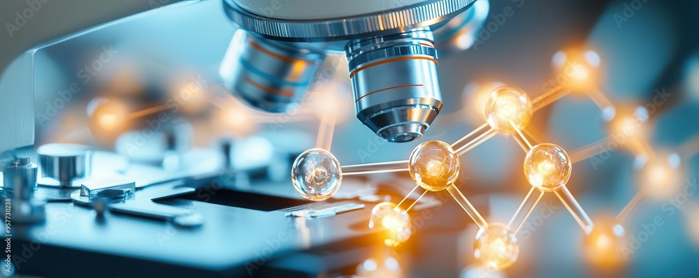 Poster close-up of a microscope with molecular structures, symbolizing advanced scientific research and dis