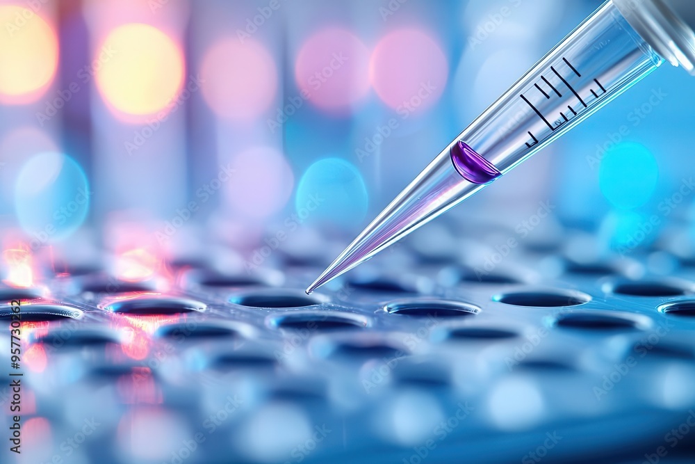 Poster close-up of a pipette dropping a liquid sample into a microplate, showcasing laboratory precision an