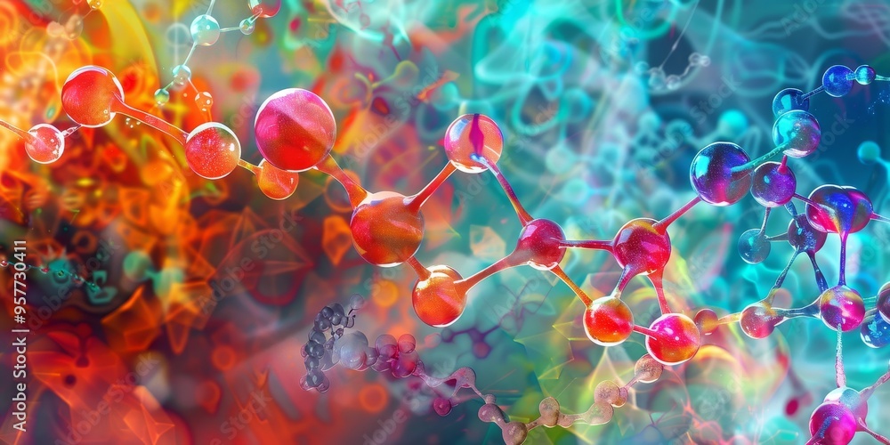 Poster abstract representation of molecular structures in vibrant colors, placed over a futuristic digital 