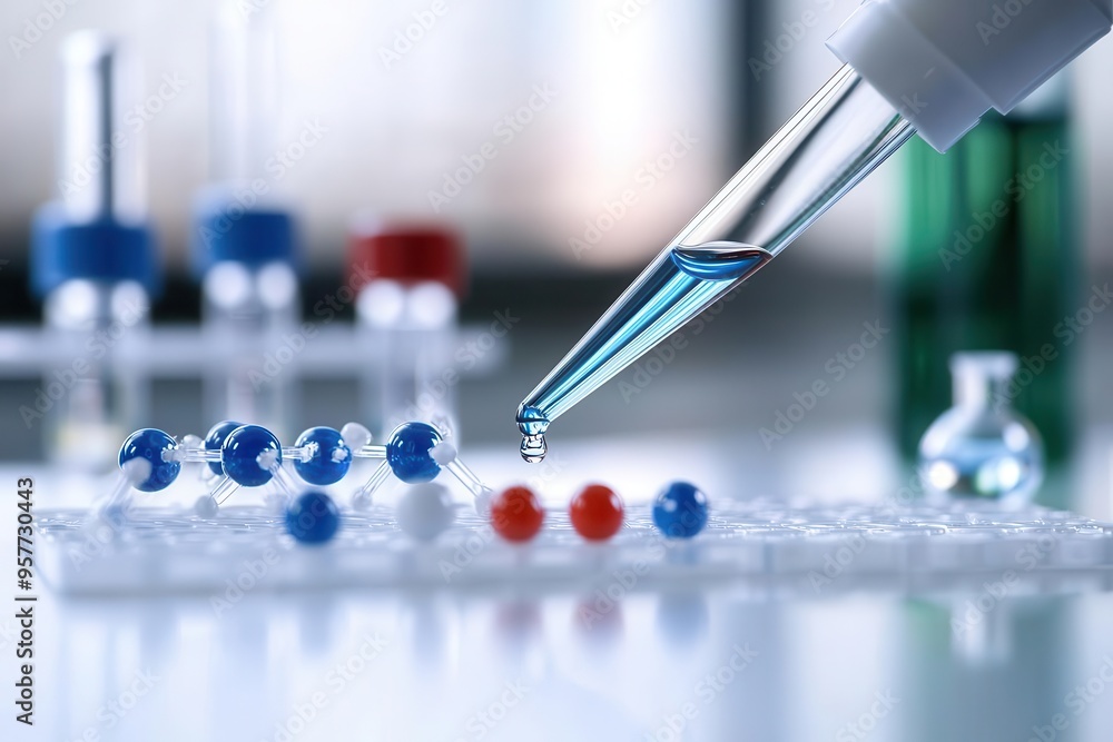 Poster a close-up of a pipette dropping liquid onto a plate in a laboratory setting, showcasing precision i