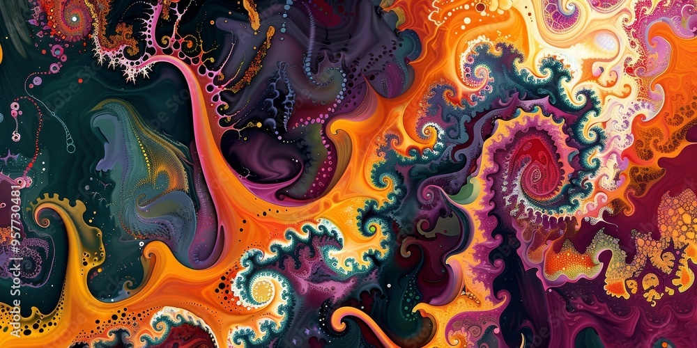 Poster An abstract artwork showing the process of mutation in a vibrant, dynamic way, with swirling patterns and bright colors