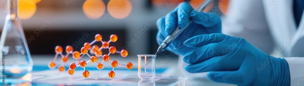 Poster a scientist in a laboratory conducts research with a microscope and beakers, showcasing innovation a