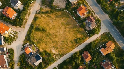 Aerial view of vacant lot surrounded by residential homes in a suburban area during daylight
