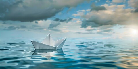 Obraz premium Conceptual image of a paper boat floating on water, symbolizing childhood and imagination