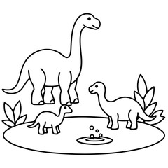 Prehistoric landscape with dinosaurs and giant plants