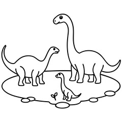 Dinosaur family gathered around a watering hole