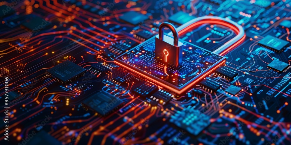 Aufkleber Cyber security concept with digital lock and circuit board, symbolizing data protection and technology security