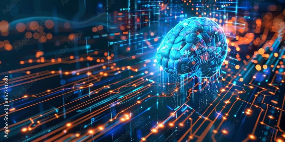 Poster Machine learning algorithms and AI technology concept with digital data flow on abstract futuristic background