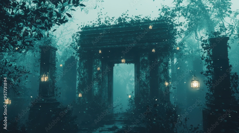 Poster mysterious foggy forest path with stone arch and lanterns