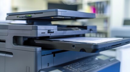 Printer: An office machine connected to a computer, used for producing hard copies of digital documents. Available as inkjet or laser models, often with scanning and copying functions.
