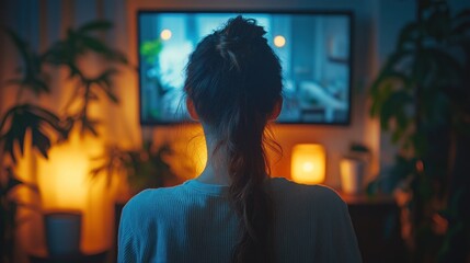 Woman watching tv in her living room
