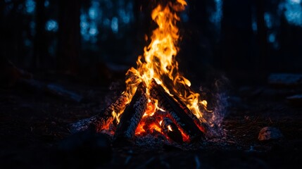 Burning campfire on a dark night in a forest -