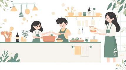 Fototapeta premium Happy Family Cooking Together in Kitchen Illustration
