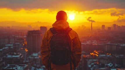 Man with Backpack Watching Sunset Over Cityscape