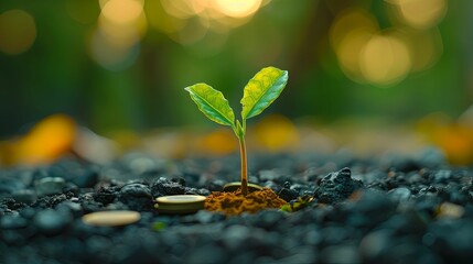 A Small Green Sprout Emerging from Gravel and Coins