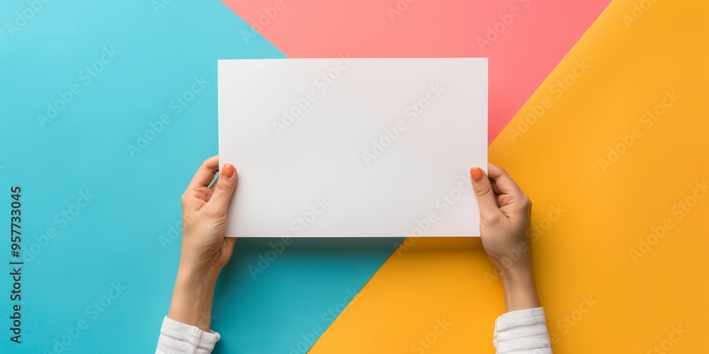 Aufkleber Hands holding a blank paper sheet against a colorful background, ideal for copy space and text insertion