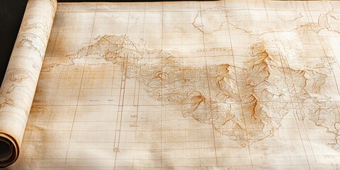 Old Vintage Rolled Up World Map on Wooden Table