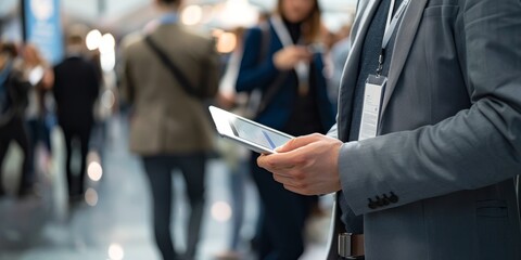 Young entrepreneur on the move, attending a business networking event with a tablet and promotional materials