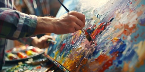 Obraz premium Close-up of a painter creating artwork on a canvas in a studio, focusing on artistic expression and creativity