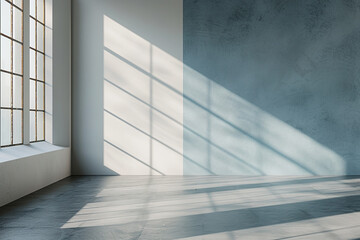 stock photo features a minimalist studio room with a white and gray wall background 