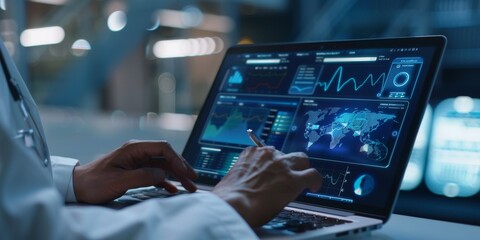 A medical professional using a laptop with patient records on the screen, representing healthcare technology and digital health solutions