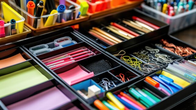 Desk Organizer: An efficient desk accessory with multiple compartments or trays, perfect for keeping pens, paper clips, sticky notes, and other office supplies organized and accessible.
