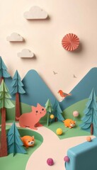 Papercraft forest scene with a cat, fox, bird and trees.