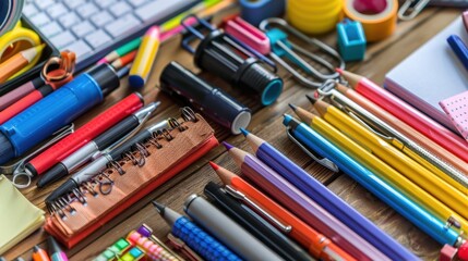 Office Supplies: A selection of daily office essentials like pens, pencils, notepads, staplers, tape dispensers, and highlighters, organized to facilitate smooth operations.
