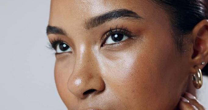 Glow, face or woman thinking of skincare or ideas in studio on white background for shine or health. Inspiration, microblading and closeup of model with confidence, makeup or beauty cosmetics results