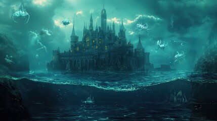 Fototapeta premium Mystical Underwater Castle with Glowing Creatures and Shipwreck