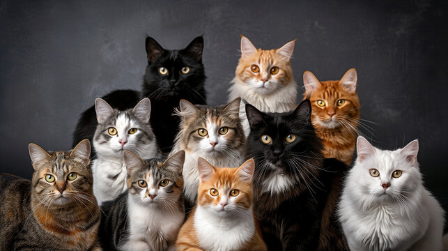 Group portrait of various cats with different fur colors against dark background
