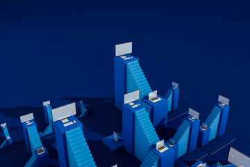 Technological background with computers on stairs showcasing workflow